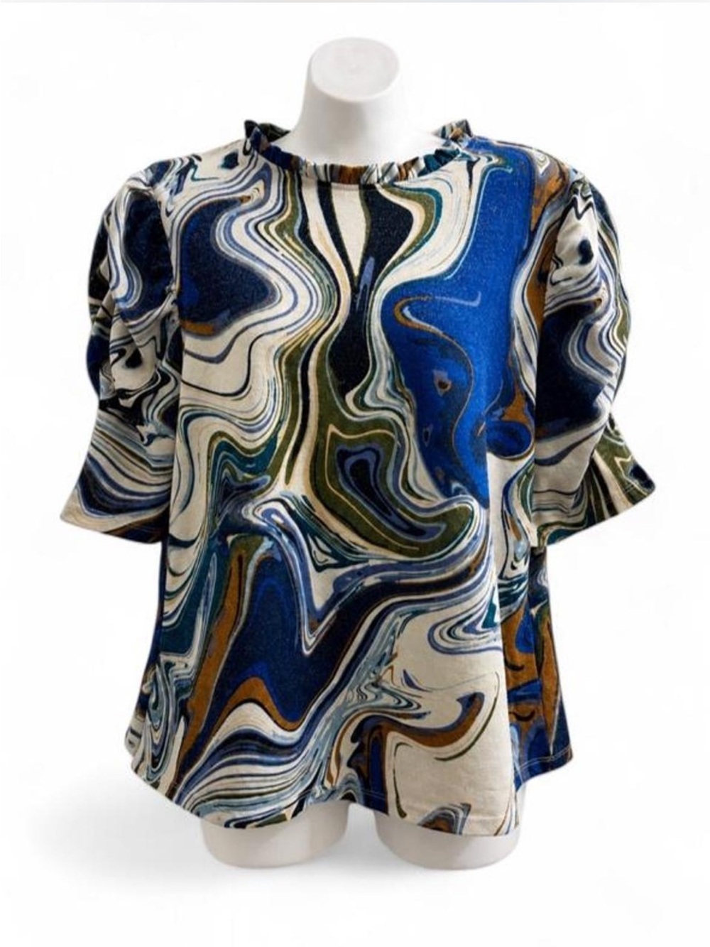 Short Sleeve Swirl Print Blouse in Blue Multi -Shimmer Women's Top